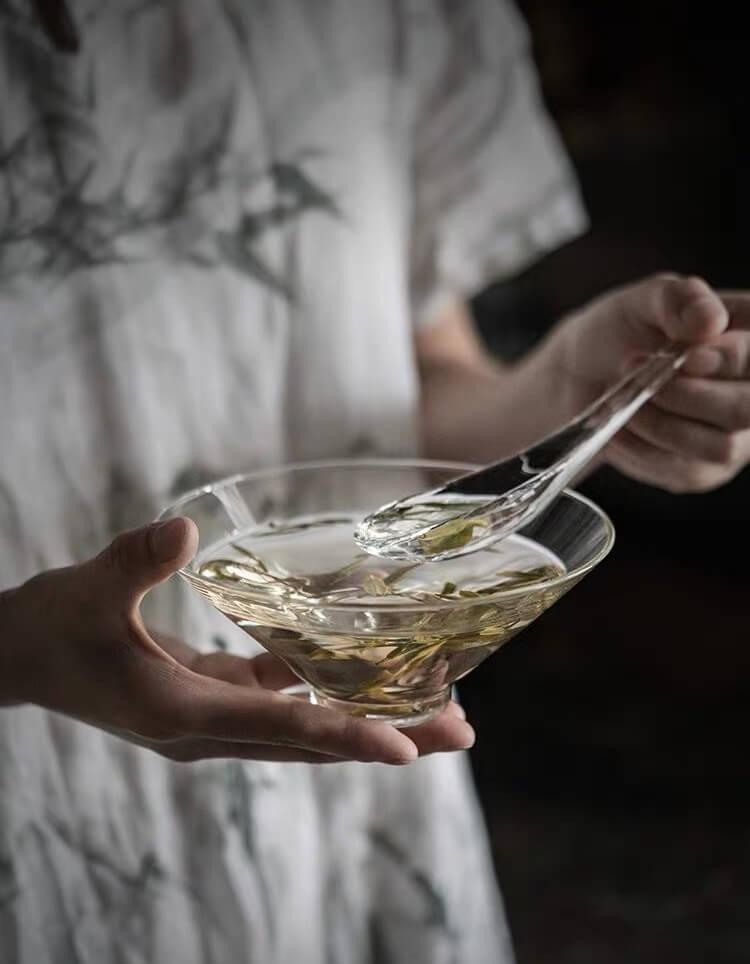 Japanese High Temperature Resistant Simple Glass Tea Bowl & Spoon Set | Chawan Set - mokupark.com